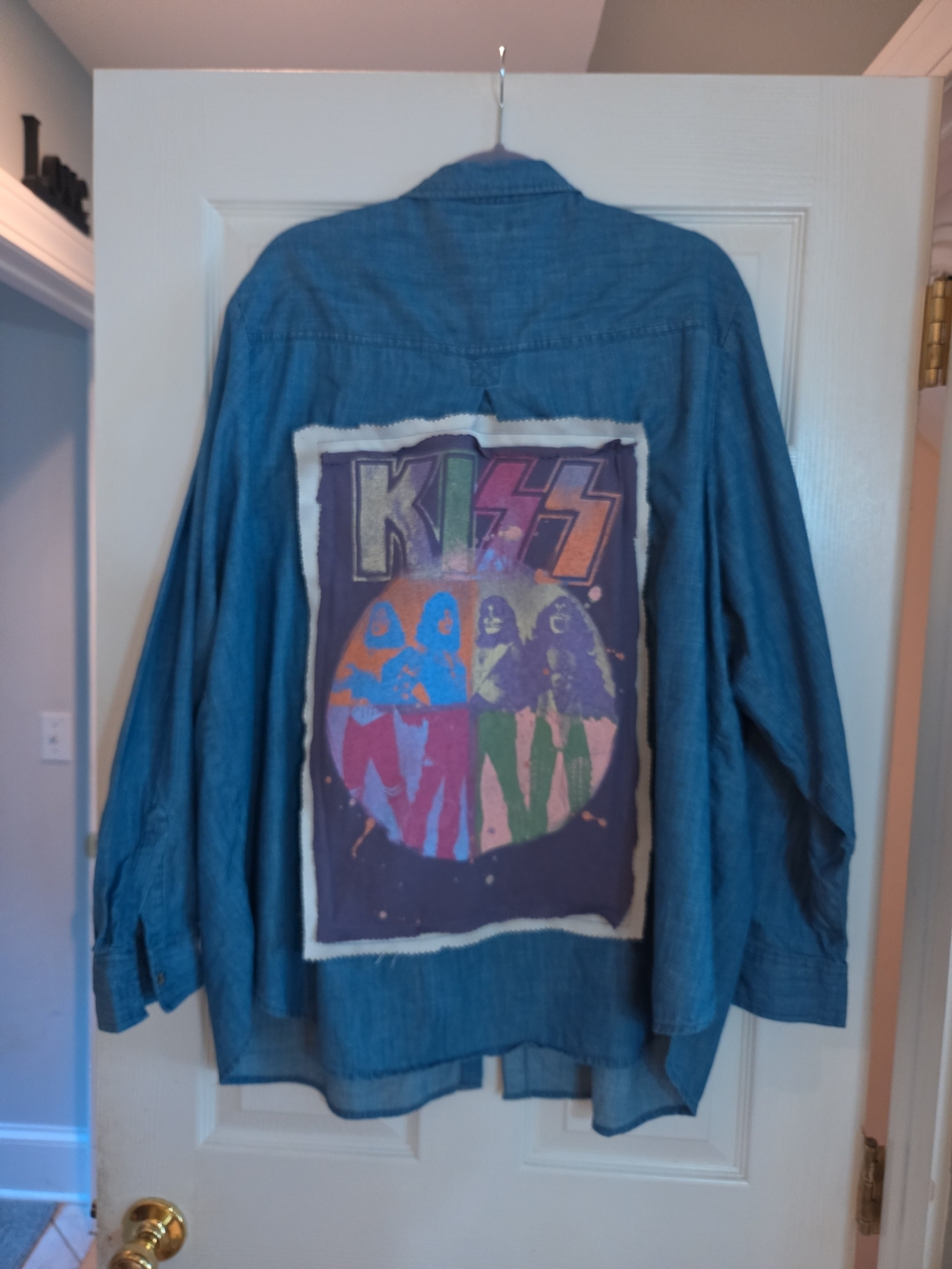 Upcycled Sonoma Blue Denim Shirt with Colorblock KISS Back Patch
